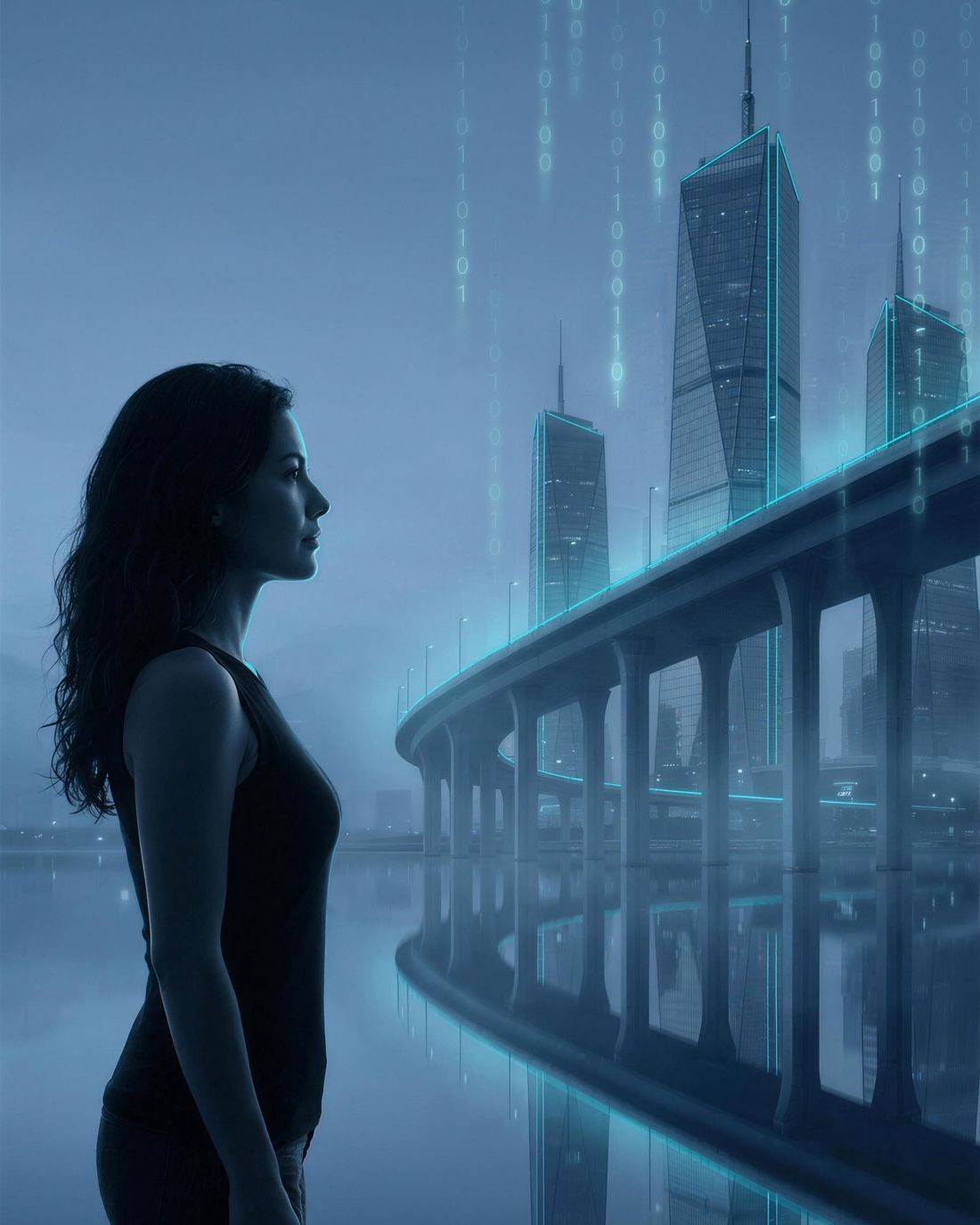 Silueta de una mujer de perfil frente a una ciudad de acero y vidrio, reflejada en el agua, en tonos azules fríos.