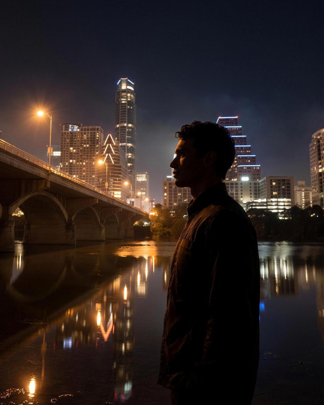 Silueta de un hombre de perfil a la orilla de un río, frente a una ciudad de noche, con las luces ámbar reflejadas en el agua.