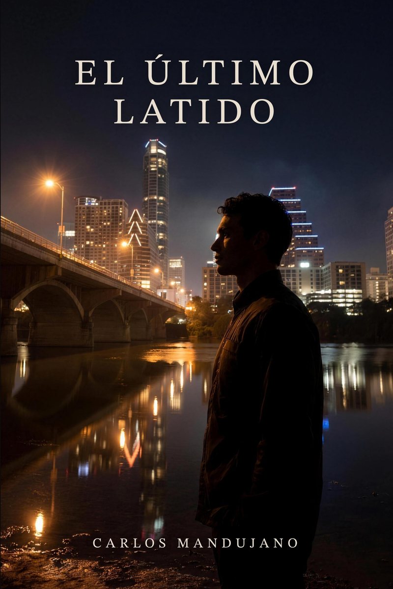 Portada de El Último Latido, de Carlos Mandujano: silueta de un hombre frente a una ciudad de noche.